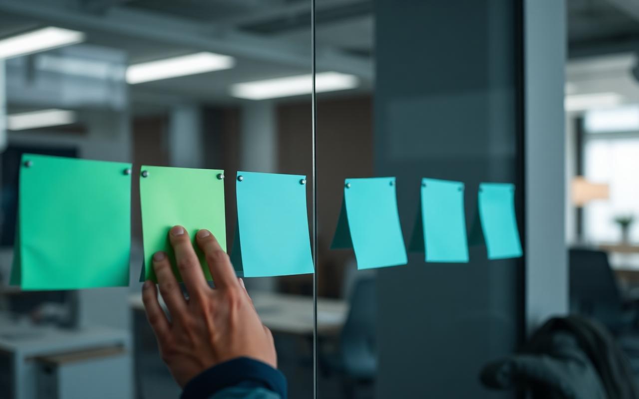 Hand ordnet farbige Notizzettel zu einem Projektplan