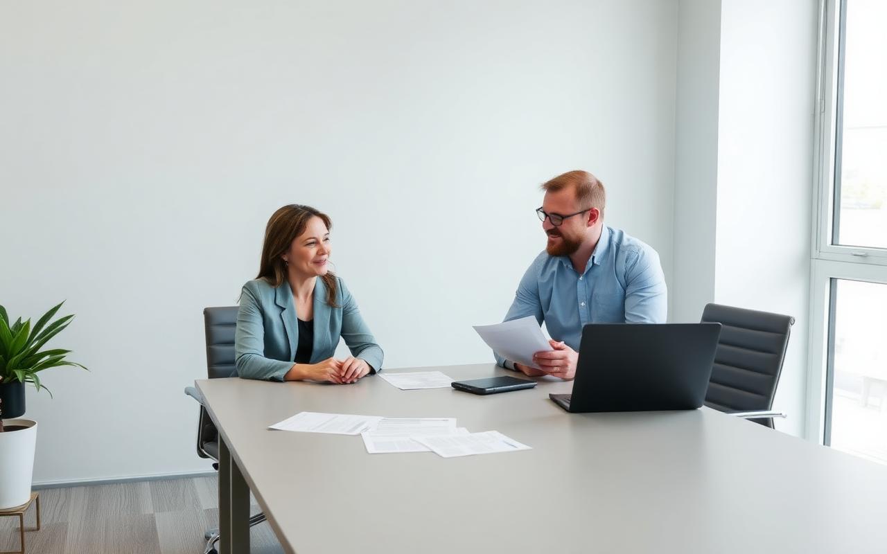 Beratungsgespräch mit Unterlagen und Laptop an einem Besprechungstisch
