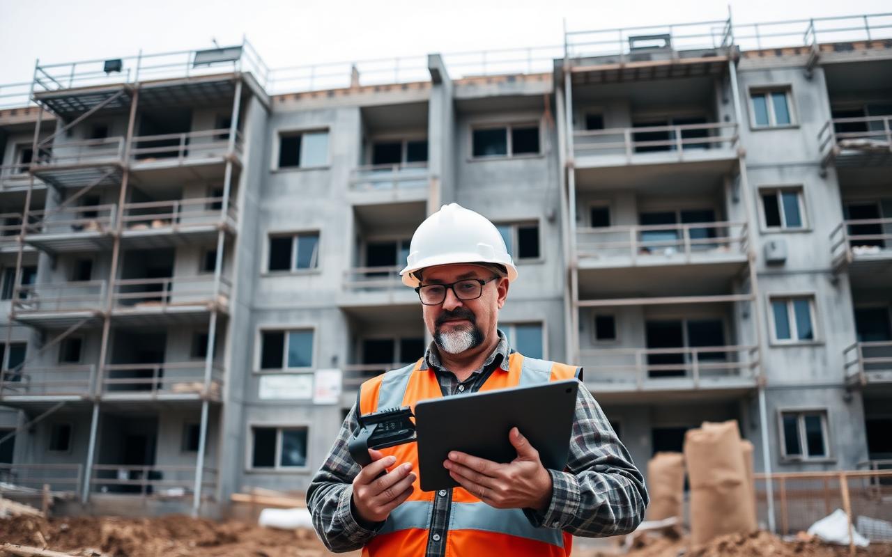 Bauleiter mit Tablet vor einem Rohbau