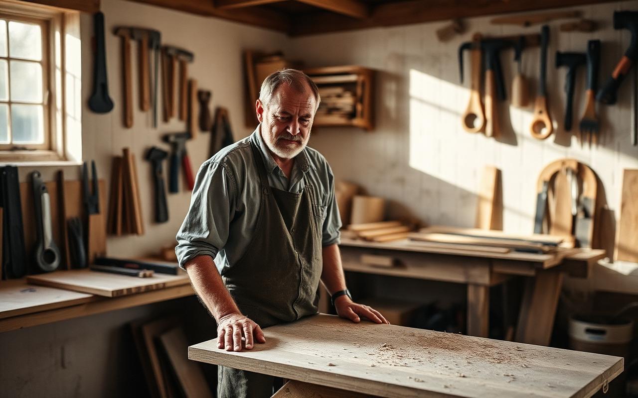 Handwerker an einer Werkbank in einer kleinen Werkstatt