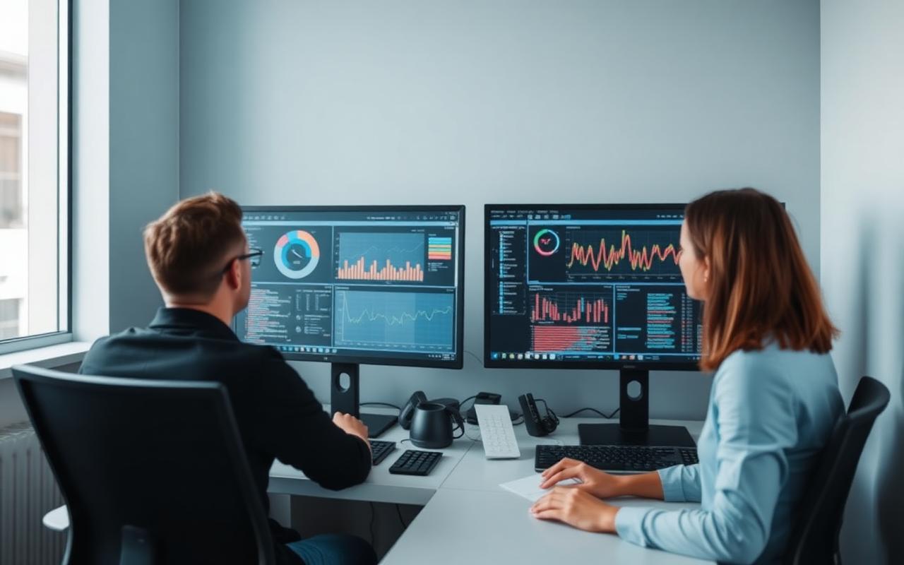 Zwei Mitarbeitende an Monitoren in einem IT-Dienstleistungsbüro