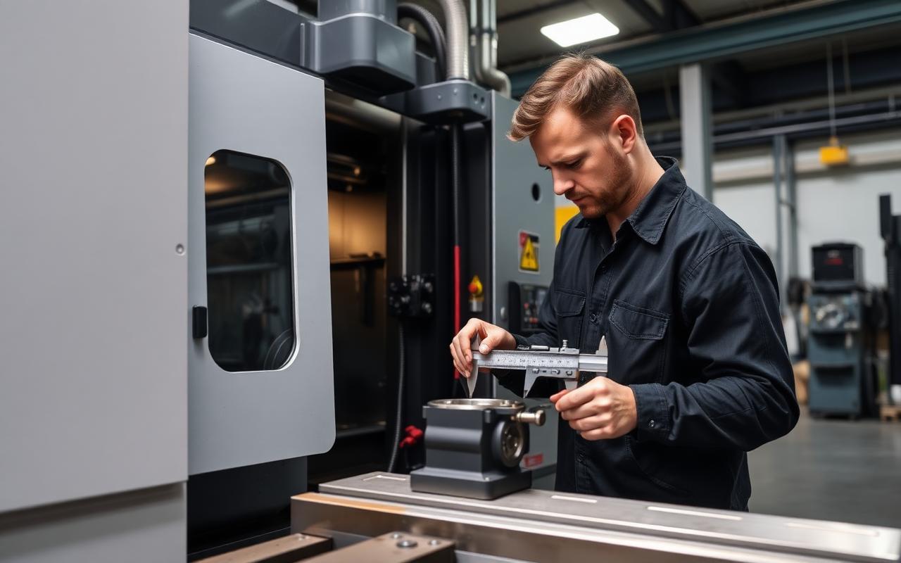 Zerspaner prüft ein Bauteil mit einer Schieblehre an einer CNC-Maschine
