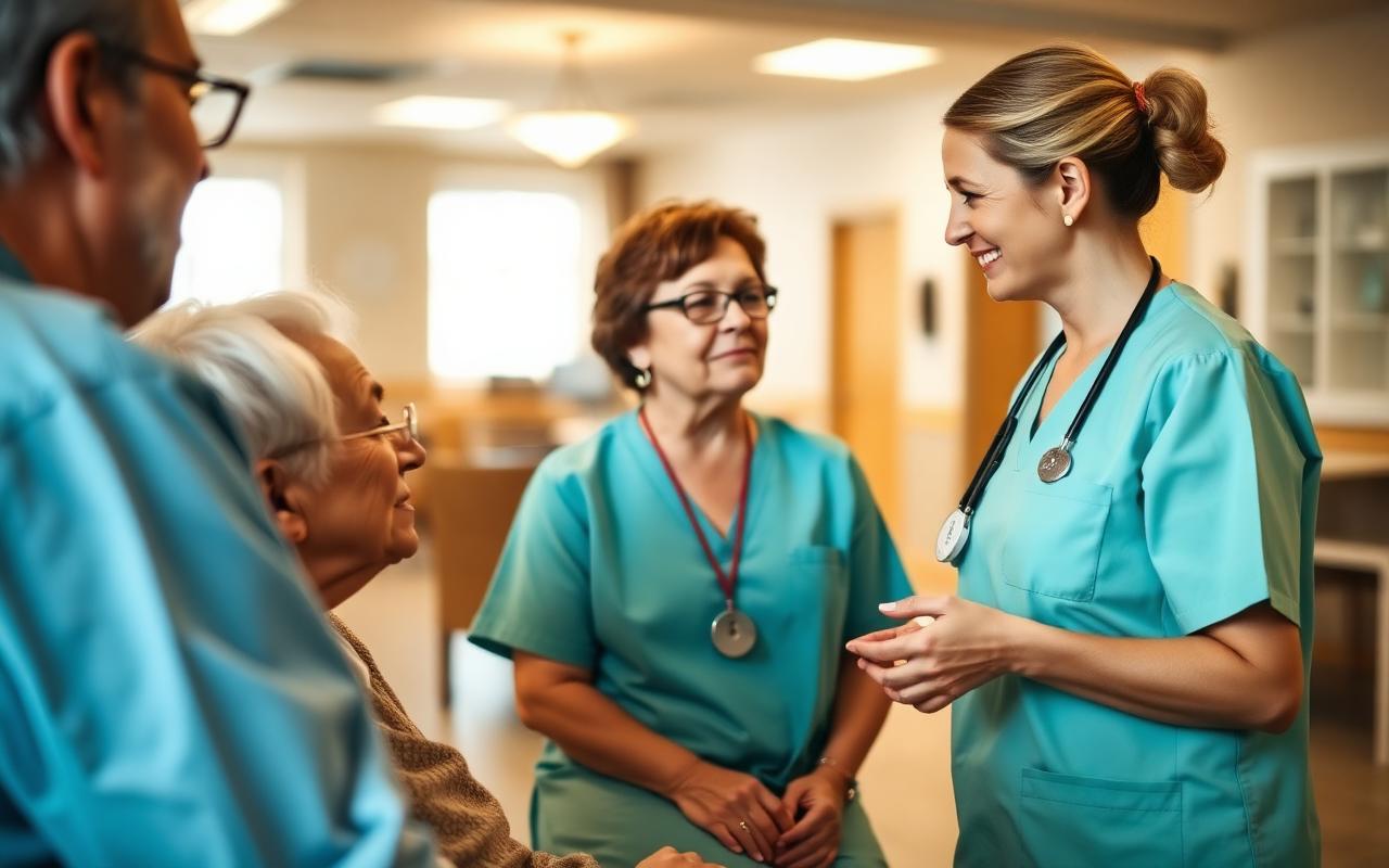Pflegekraft im Gespräch mit einer Bewohnerin in einer Einrichtung