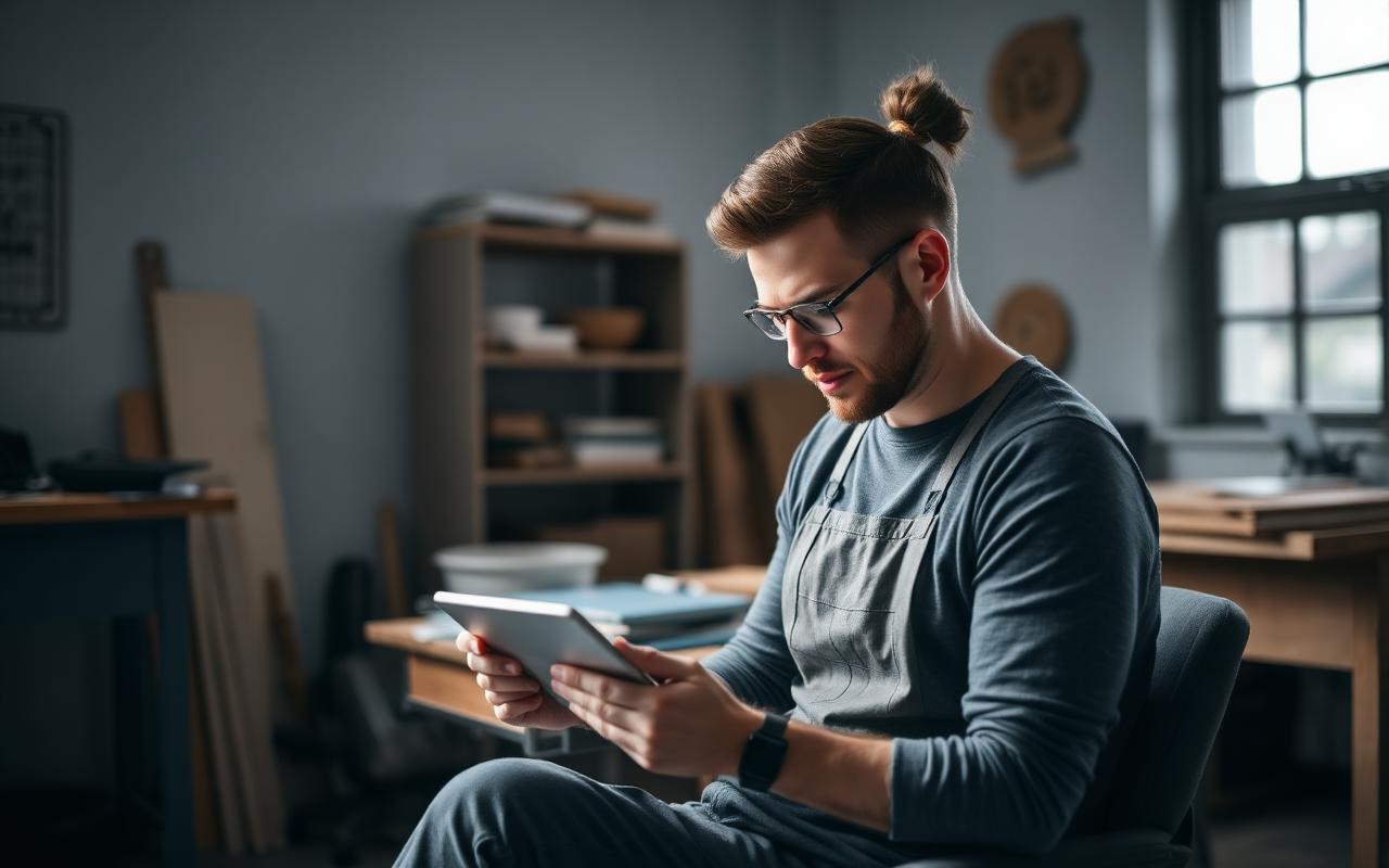 Handwerksunternehmer prüft Unterlagen auf einem Tablet