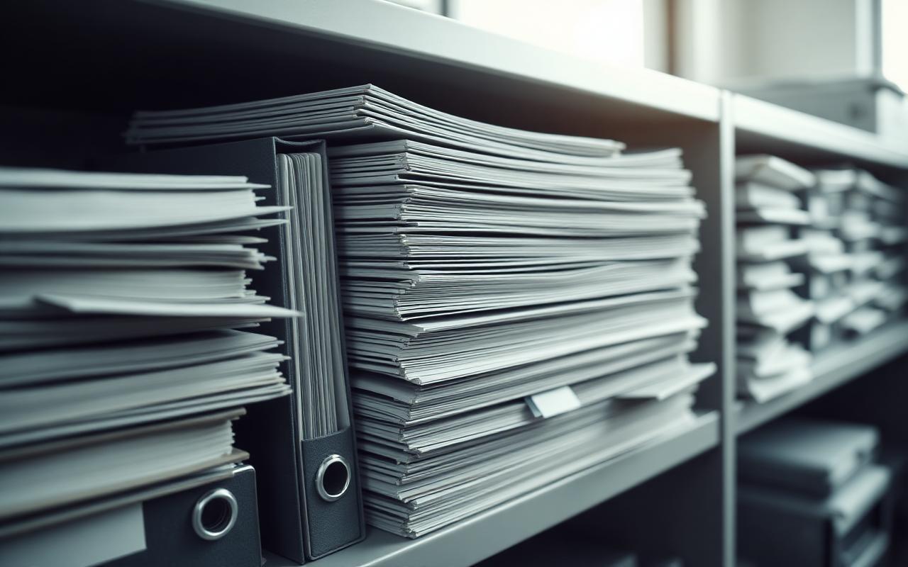 Ordner und Dokumentenstapel in einem Büroregal