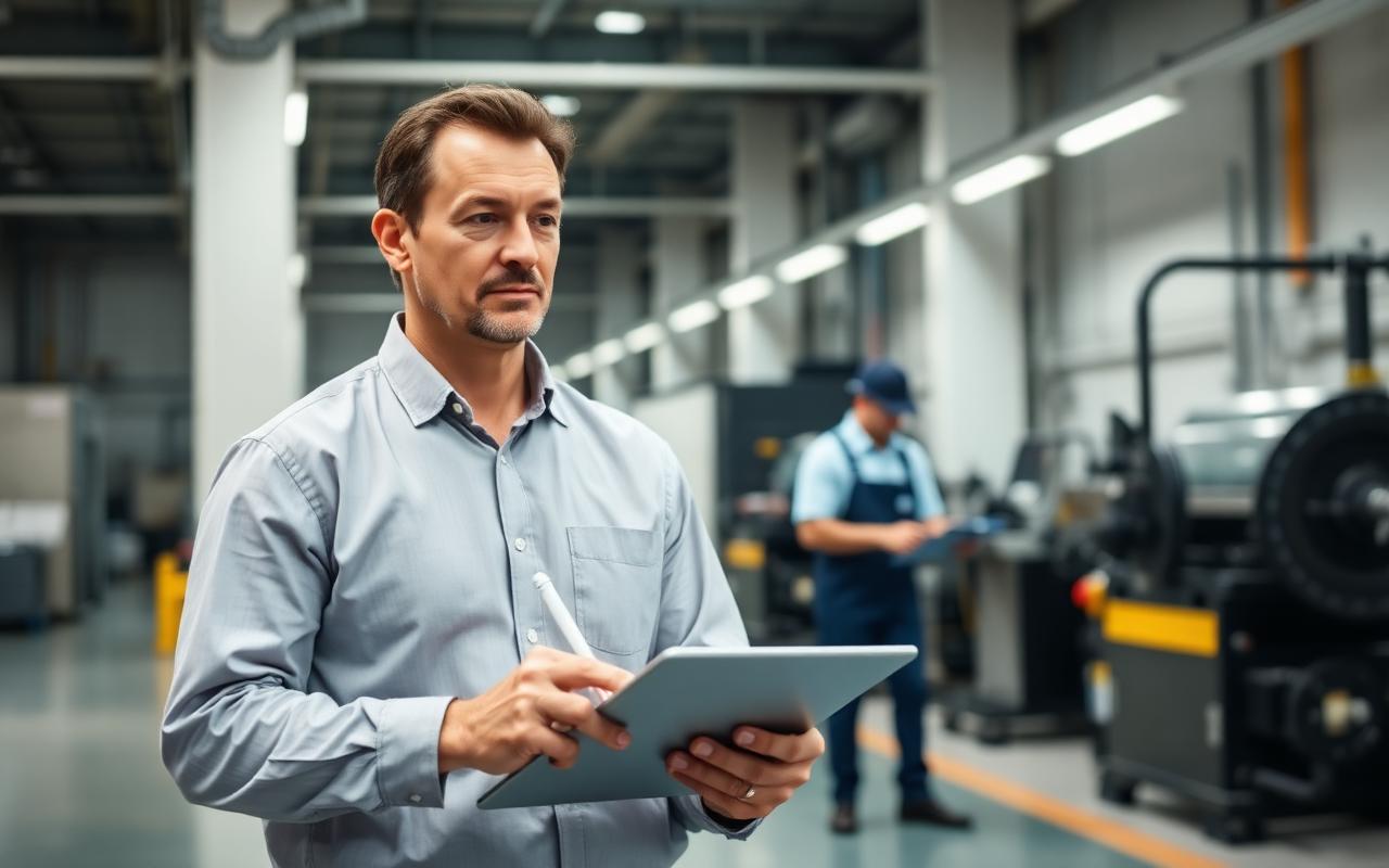 Auditor mit Tablet in einer Produktionshalle